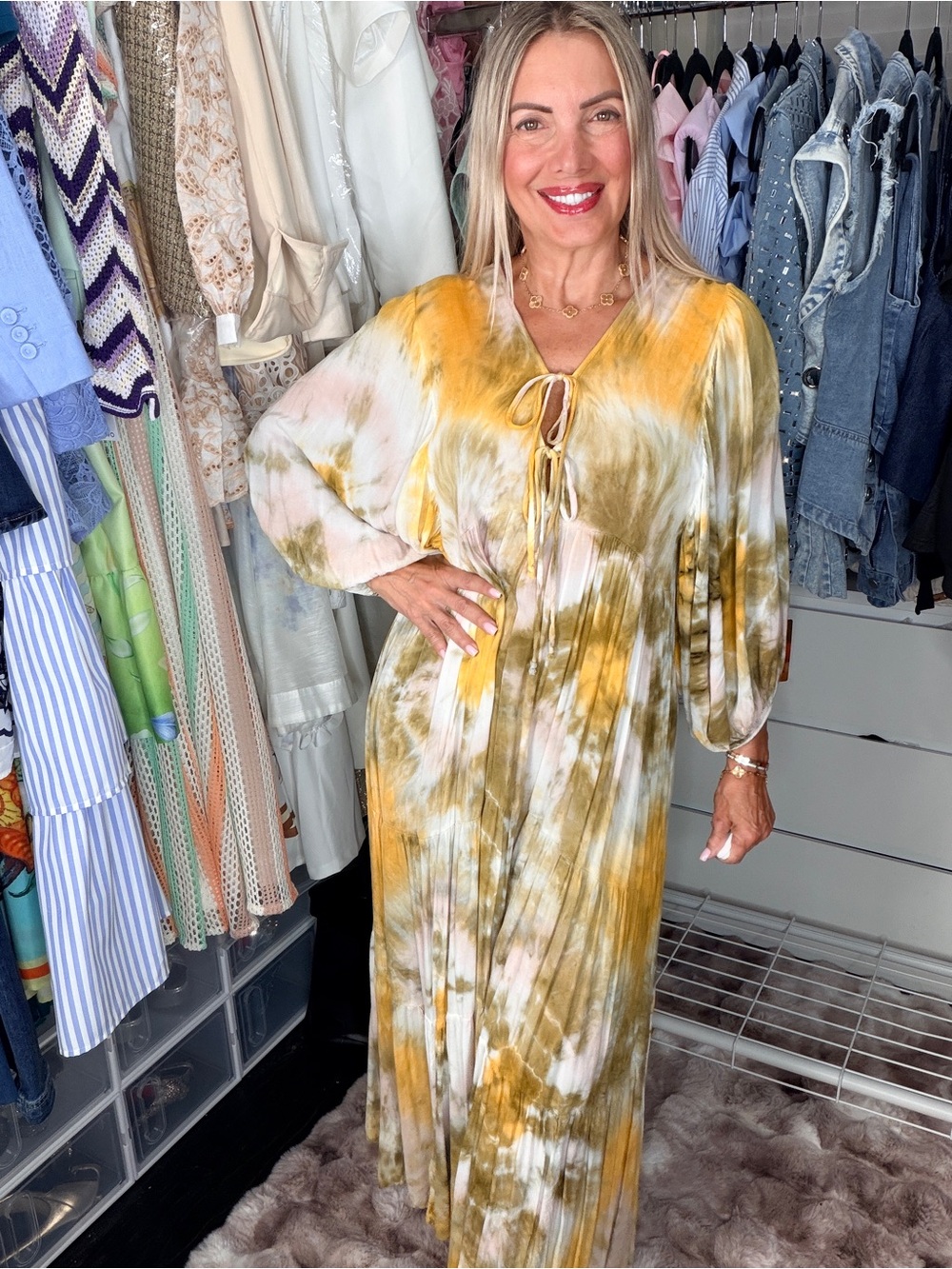 Young Fabulous & Broke Yellow and Olive Tie-Dye V-Neck Maxi Dress